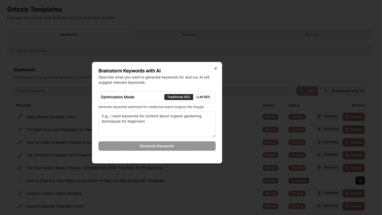 Keyword brainstorming tool
